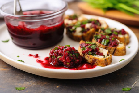 beetroot bruschetta with a side of dipping sauce on a plate, created with generative aiの素材