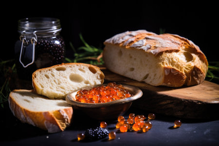 rustic bread prepared for caviar bruschetta against a dark background, created with generative aiの素材