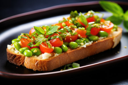 glass plate of bruschetta, topped with edamame and garlic, created with generative aiの素材