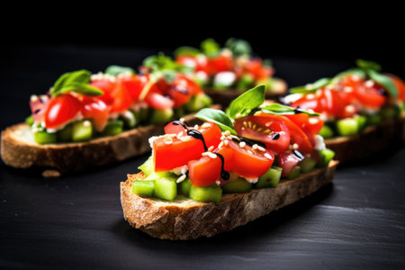 close-up shot of edamame bruschetta on black granite, created with generative aiの素材