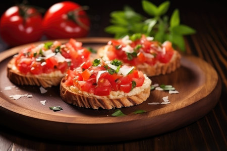 sunlit bruschetta with garlic and grated cheese, round wooden plate, created with generative aiの素材