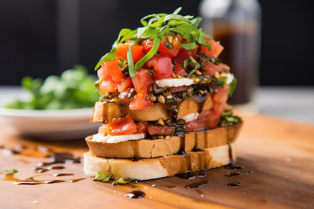 side view of honey-brushed bruschetta stack, created with generative aiの素材