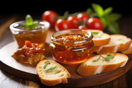 focus on bruschetta slices beside honey pot, created with generative aiの素材