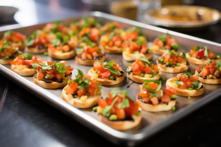 servers tray filled with mini bruschetta with hummus, created with generative aiの素材