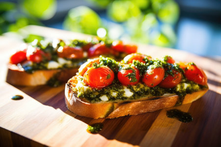 aerial view of pesto bruschetta in natural sunlight, created with generative aiの素材