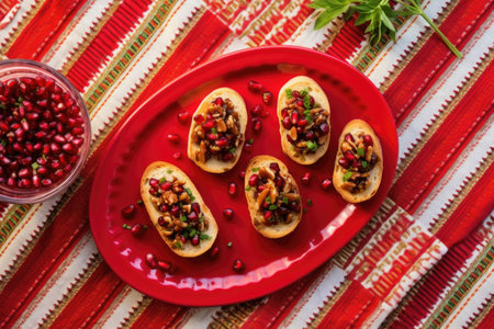 overhead shot of bruschetta with pomegranate seeds on a red tablecloth, created with generative aiの素材