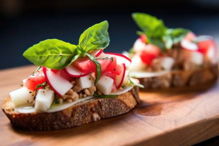close-up of bruschetta topping with thinly sliced radish, created with generative aiの素材