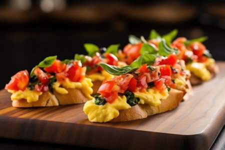 close-up of a row of bruschetta with creamy scrambled eggs on a flat wooden board, created with generative aiの素材