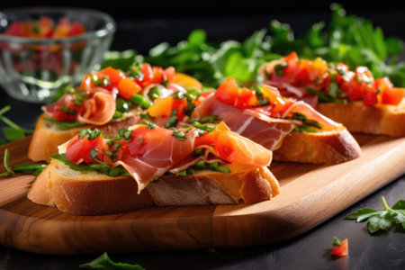 serrano ham bruschetta garnished with fresh cilantro, created with generative aiの素材