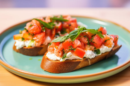 shrimp bruschetta served on a pastel green dish, created with generative aiの素材