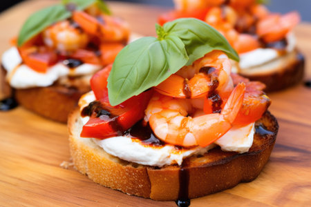close-up of shrimp resting on a toasted bruschetta slice, created with generative aiの素材
