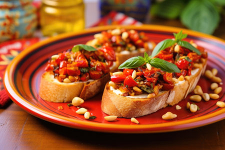 sun-dried tomato bruschetta sprinkled with pine nuts on a colorful dish, created with generative aiの素材