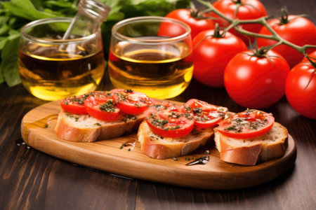 bruschetta with truffle oil next to sliced tomatoes, created with generative aiの素材