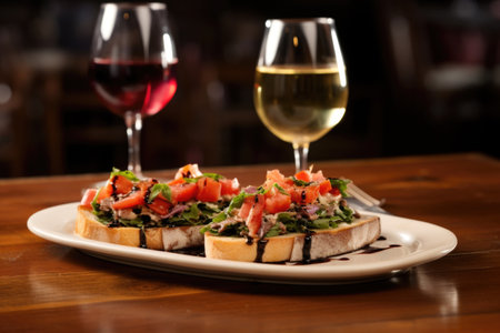 tuna bruschetta accompanied by a glass of white wine, created with generative aiの素材