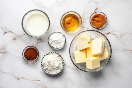 deconstructed cheesecake ingredients on a marble surface, created with generative aiの素材