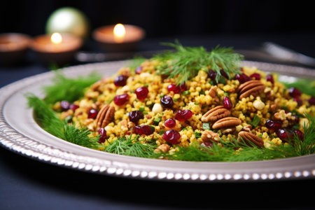 a dish of chickpea salad with cranberries and pecans, created with generative aiの素材