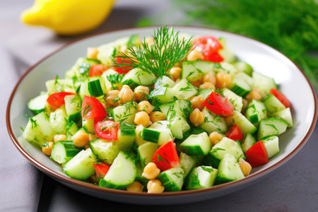 close-up of chickpea salad with fresh cucumber and tomato, created with generative aiの素材