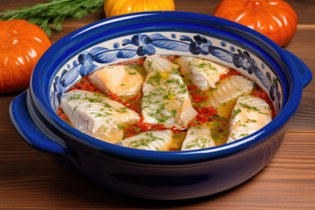 marinated fish fillets in a blue ceramic bowl, created with generative aiの素材