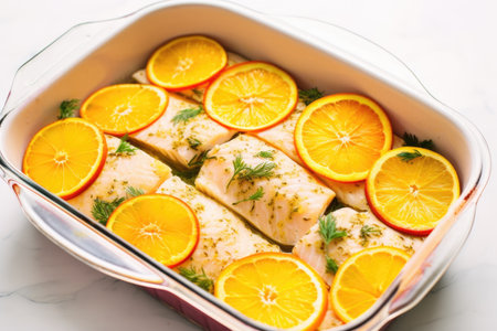 marinated fish in a baking dish with citrus slices on top, created with generative aiの素材