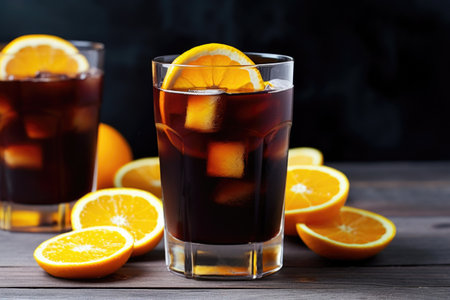 cold brew coffee in a glass with citrus slices, created with generative aiの素材