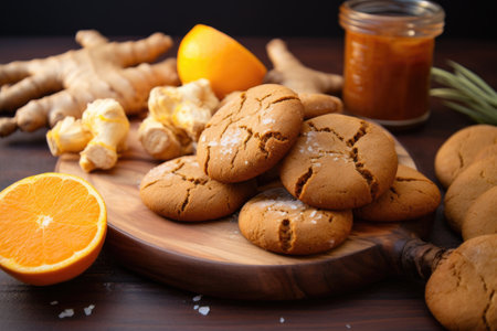 homemade ginger cookies laying on wooden board, created with generative aiの素材