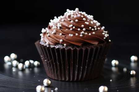 a dark chocolate cupcake garnished with silver edible beads, created with generative aiの素材