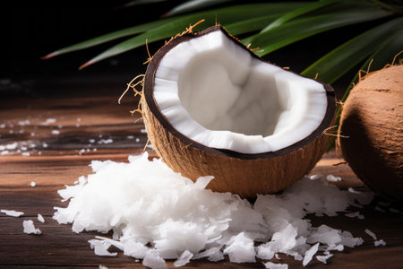 coconut flakes scattered around a fresh coconut, created with generative aiの素材