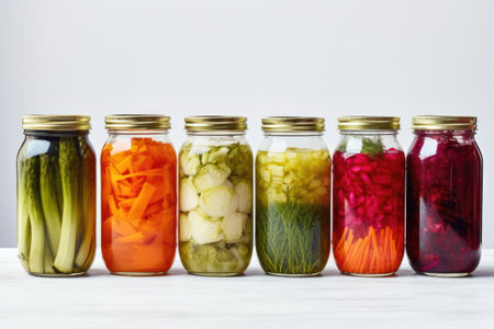various jars of vibrant fermented vegetables against a light background, created with generative aiの素材