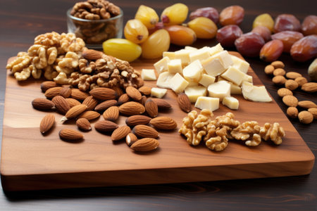 sliced figs and walnuts on a wooden board, created with generative aiの素材