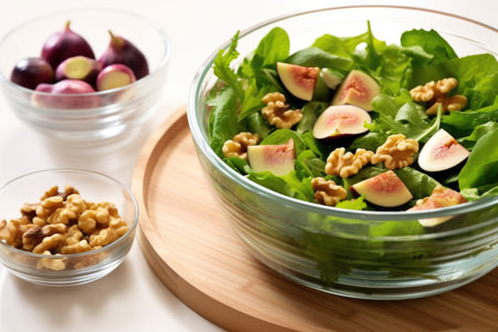 sliced figs and whole walnuts on a salad, created with generative aiの素材