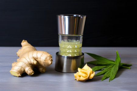 ginger shot next to a ceramic grinder with ground ginger, created with generative aiの素材