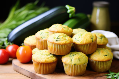 zucchini gluten-free muffins surrounded by fresh zucchinis, created with generative aiの素材
