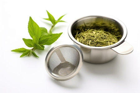 gimble green tea strainer and green tea leaves, created with generative aiの素材