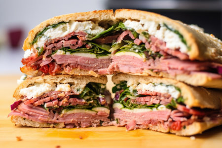 close-up of a gyro sandwich cut in half, created with generative aiの素材