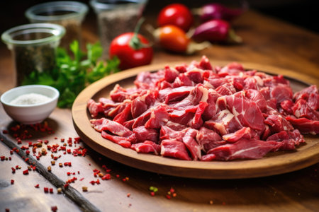 raw, marinated meat ready for traditional gyro cooking, created with generative aiの素材