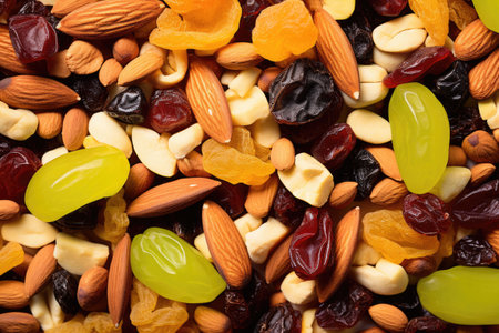 detailed image of raisins in a trail mix, created with generative aiの素材