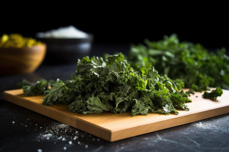 kale chips on a black countertop, subtle lighting, created with generative aiの素材