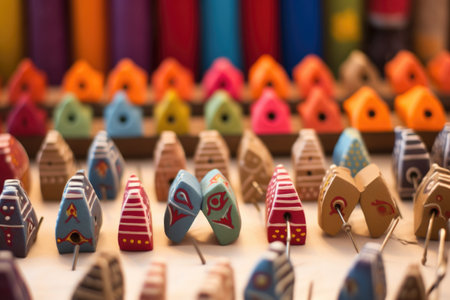 close-up of homemade dreidels crafted from clay, created with generative aiの素材