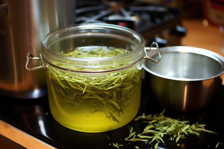 brewing green tea as a first step for kombucha in tea kettle, created with generative aiの素材
