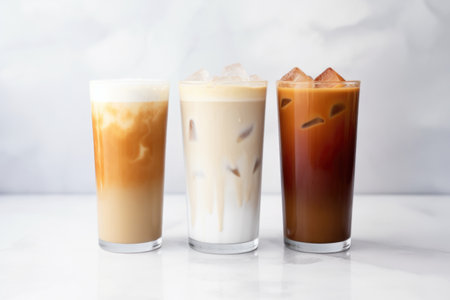 three types of iced lattes with foamy milk on a marble table, created with generative aiの素材