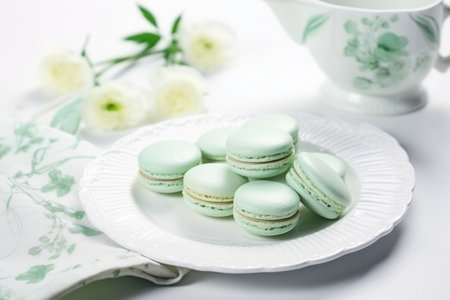 mint green macarons on white porcelain dish, created with generative aiの素材