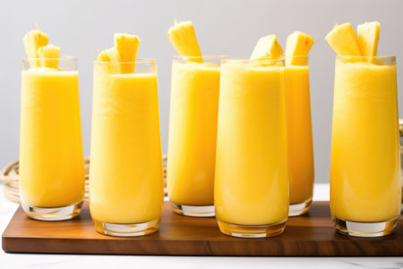 a diagonal line of mango-pineapple smoothies in tall glasses, created with generative aiの素材