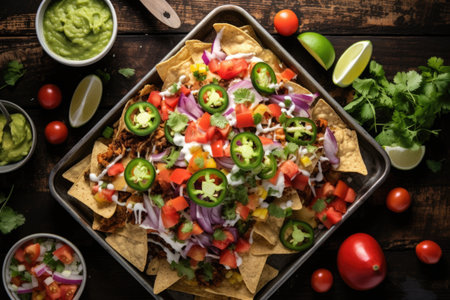 overhead shot of nachos served with assorted toppings, created with generative aiの素材