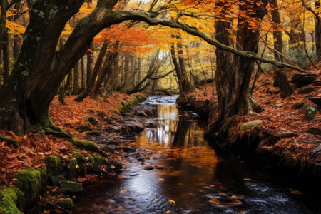 quiet brook through an autumn wooded area, created with generative aiの素材