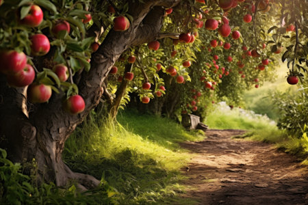 mellow fruitfulness: ripe apples on trees by a path, created with generative aiの素材