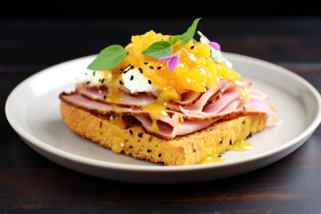 cornbread open-faced sandwich with honey glazed ham topping, created with generative aiの素材