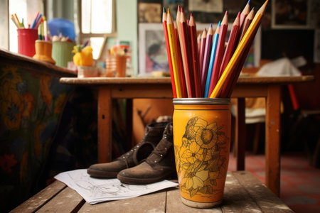 pencils in a boot next to a childs drawing on a table, created with generative aiの素材
