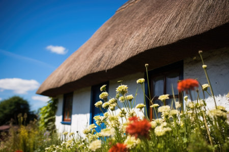 close-up of traditional thatched roof cottage, created with generative aiの素材