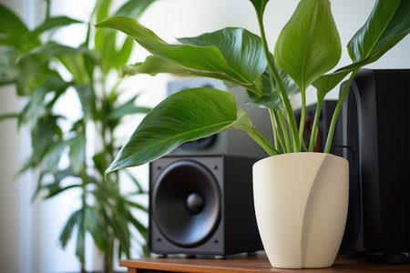 ear-shaped plant near a speaker playing music, created with generative aiの素材