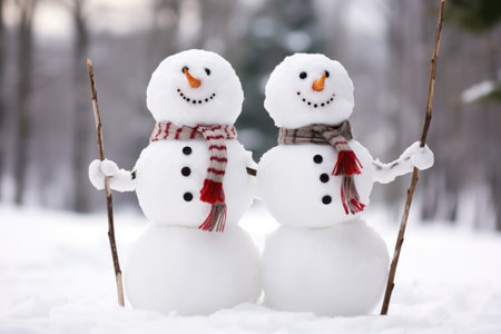 two snowmen with their stick arms entwined, created with generative aiの素材
